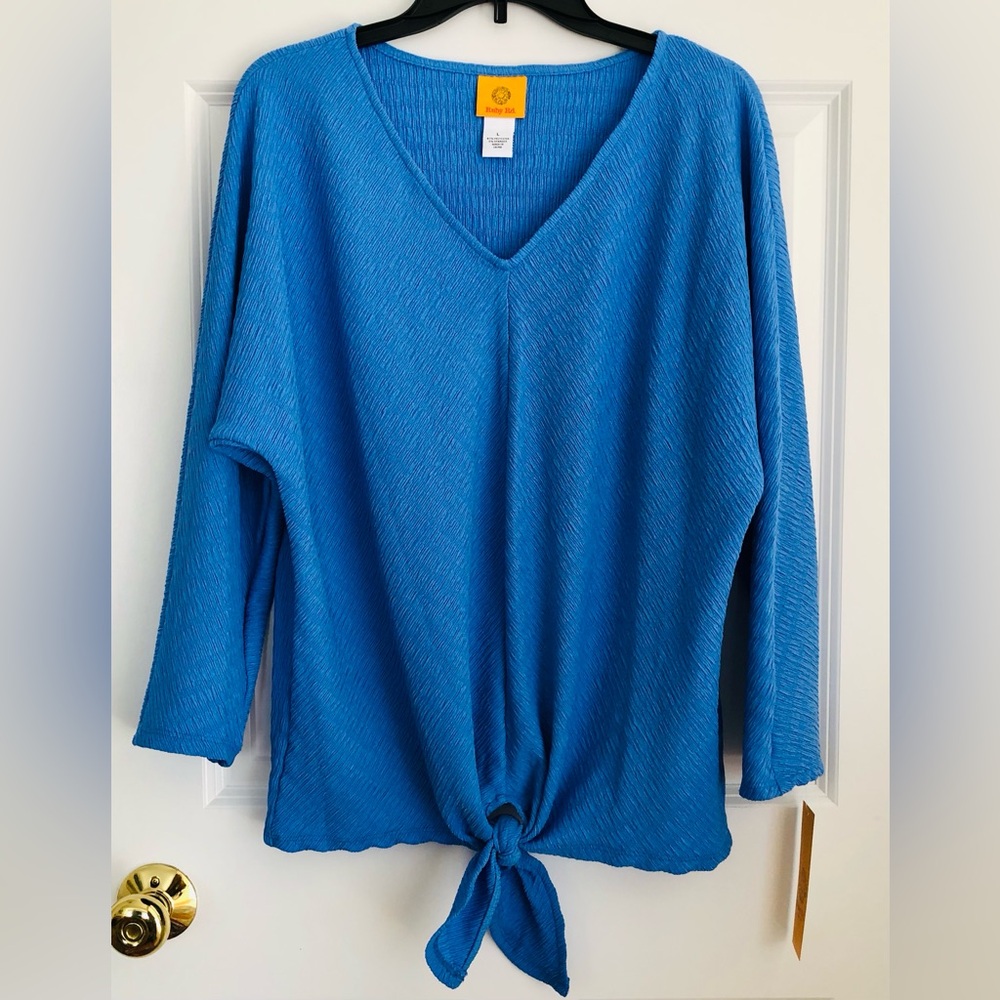 Ruby Rd Women's Size Large Top V Neck Rib Knit Tie Front Long Sleeve Stretch